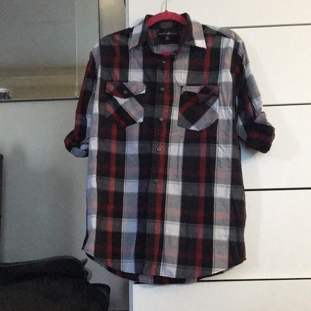 Men’s red white and black plaid shirt